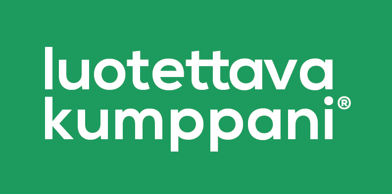 Valkoinen teksti "luotettava kumppani" ja rekisteröity tavaramerkkisymboli vihreällä taustalla.
