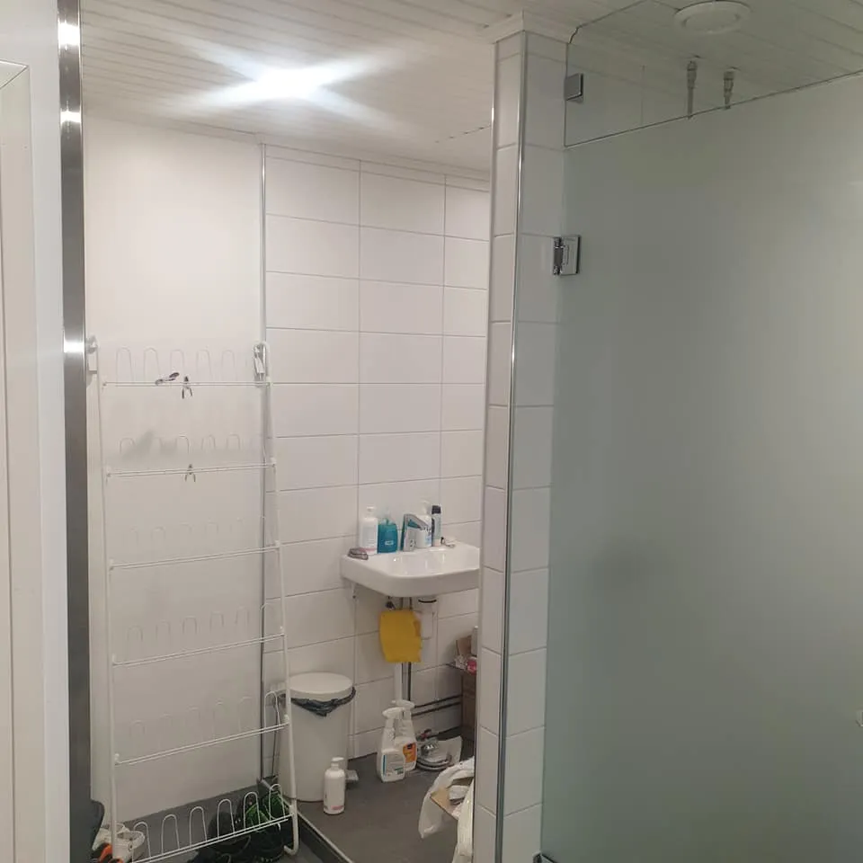 Kylpyhuone tai kodinhoitohuone, jossa on valkoiset kaakeliseinät ja tummanharmaa lattia. Vasemmalla on korkea valkoinen kenkäteline. Keskellä on pieni valkoinen pesuallas, jonka päällä on pulloja, ja sen alla roskakori sekä siivousvälineitä. Oikealla on huurrettu lasinen suihkuseinä. Kirkas kattovalo heijastuu ylhäällä.